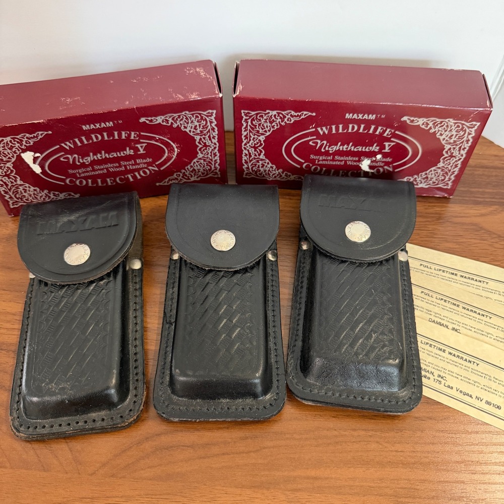Lot of 3 Maxam Wildlife Nighthawk V Black Leather Knife Sheaths Basketweave Box
